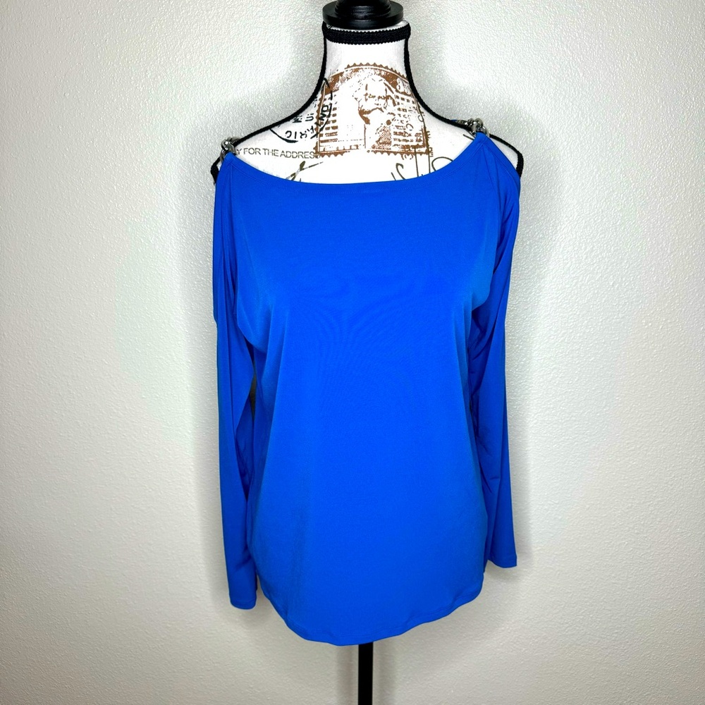 Michael Kors Cold Shoulder Chain Strap Long Sleeve Womens Blouse Shirt Sz Large